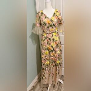 Embroidered Floral Maxi Dress with Tulle Sleeves